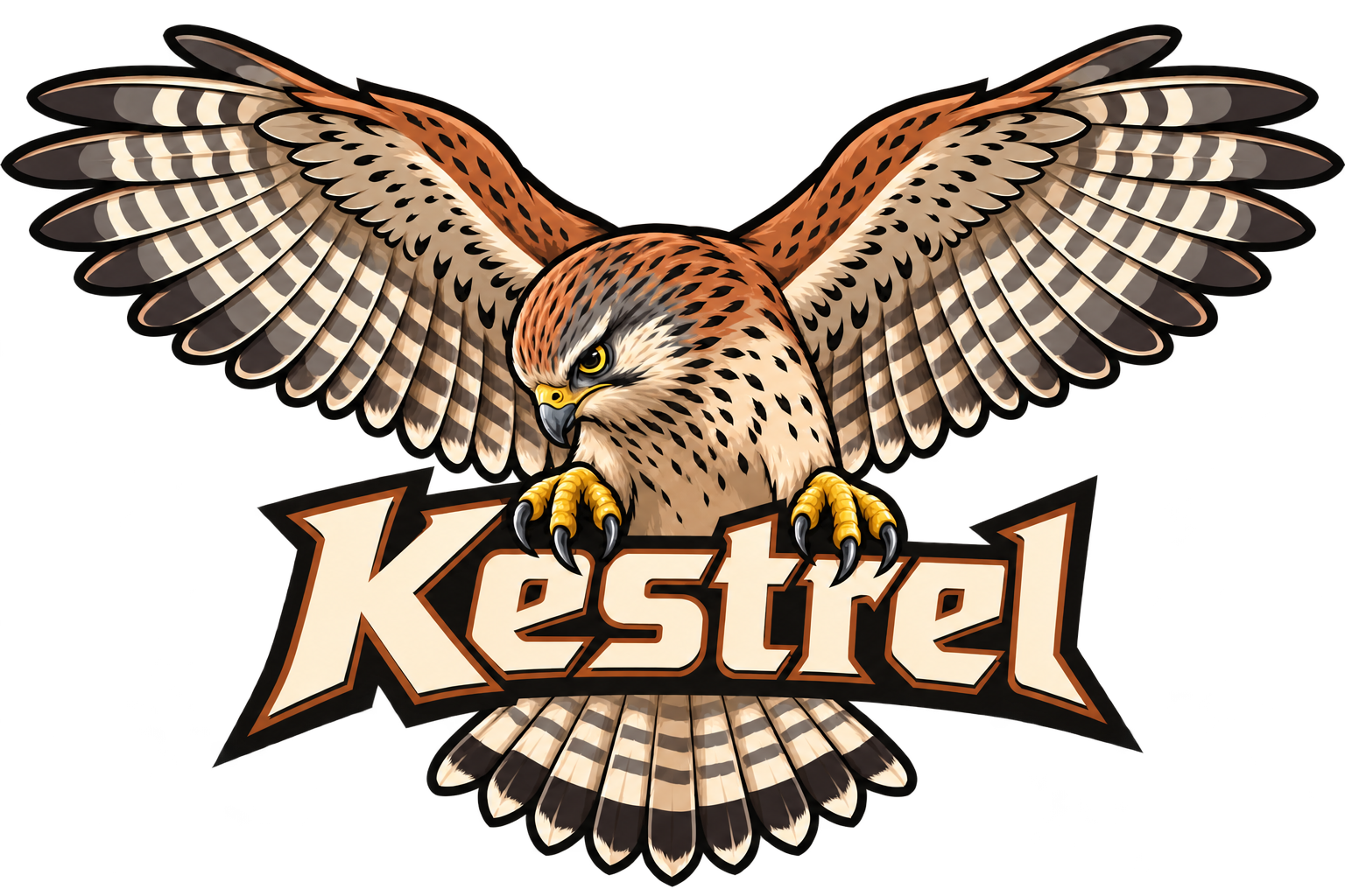 Kestrel with outstretched wings holding the Kestrel wordmark